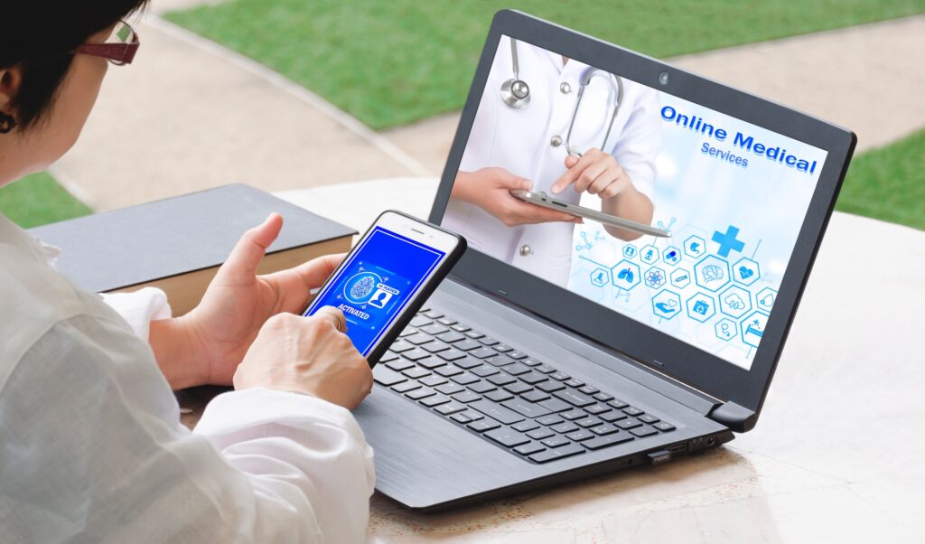 woman using smartphone to scanning fingerprint to access online medical healthcare service
