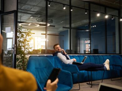 Young freelancers sit comfortably in a coworking space