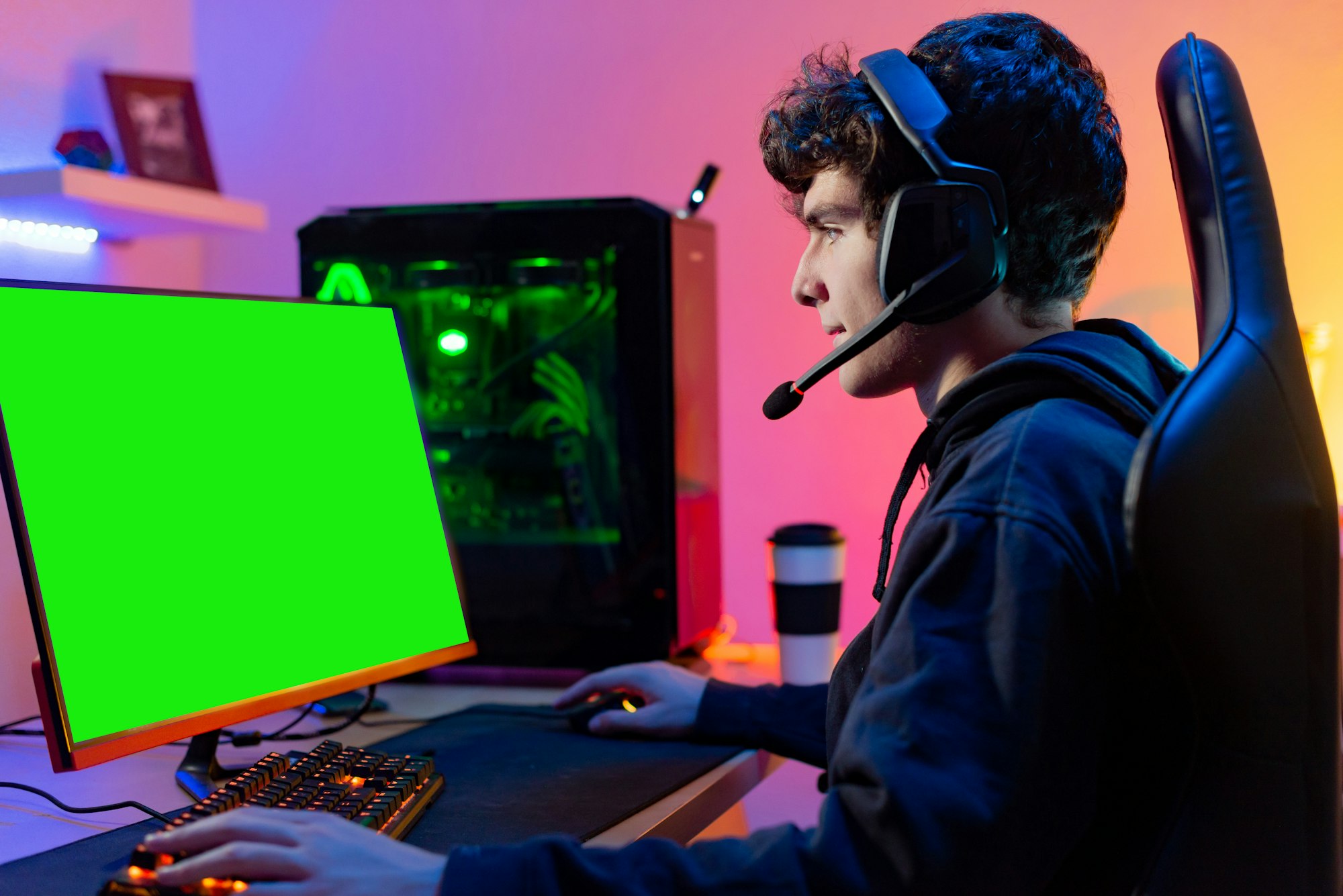 Young man using game streaming service on PC